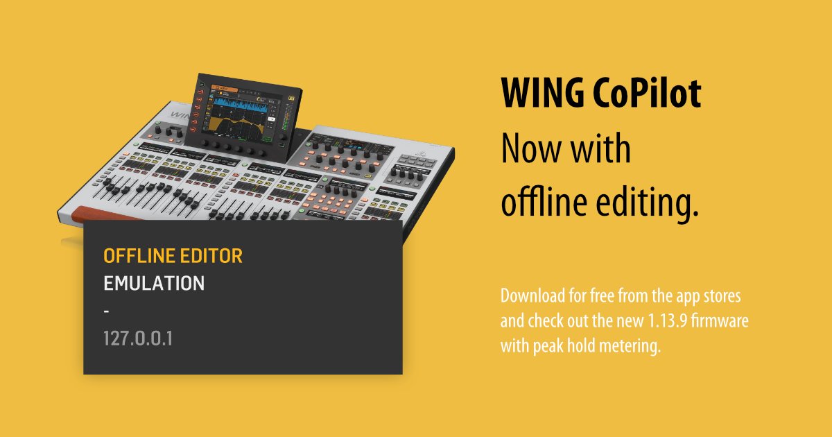 📢  CoPilot just got even better! 🚀

Experience the convenience of offline editing. Be prepared like never before. Update today!

Downloads: ow.ly/JVo450ORAJM

#behringerwing #digitalmixer #livesound #behringer #wehearyou