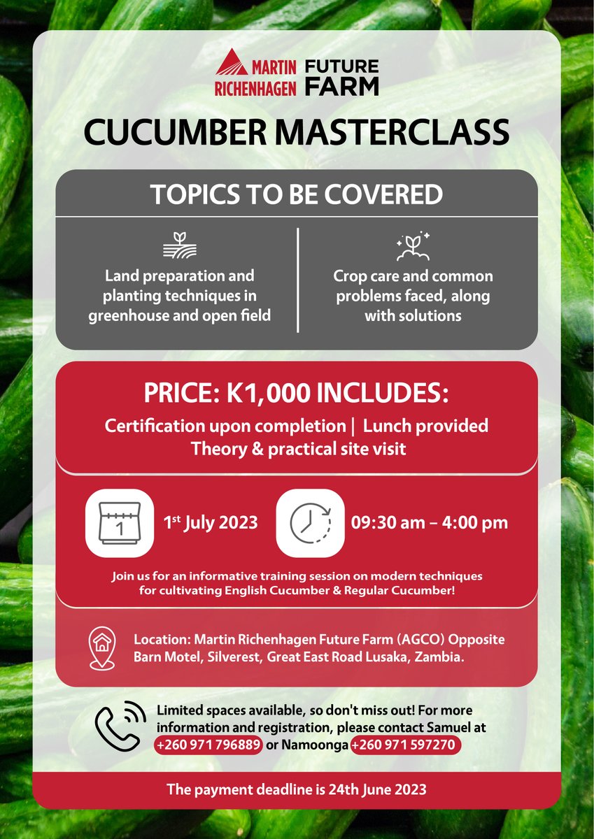 OneLifeZambia's tweet photo. Calling all farmers, garden enthusiasts, agribusinesses, and cooperatives! Don't miss out on this year's Cucumber Masterclass, where you can equip, empower, and enable yourself with valuable knowledge on cucumber cultivation to benefit your farm business! https://t.co/YIjBlzZkXG