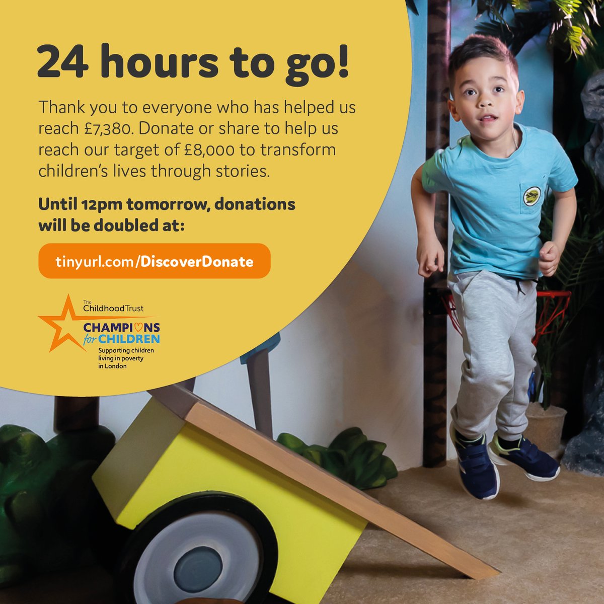 Discover_Story's tweet photo. 24hrs left to reach our target of £8000 to transform children’s lives through stories.

Thanks to everyone who has helped us reach 92%!

Donate or share to help us cross the finish line before 12pm tomorrow: https://t.co/VBKbJUeLA9

#ChampionsforChildren2023 @ChildhoodTrust https://t.co/aye3Qu2DHv
