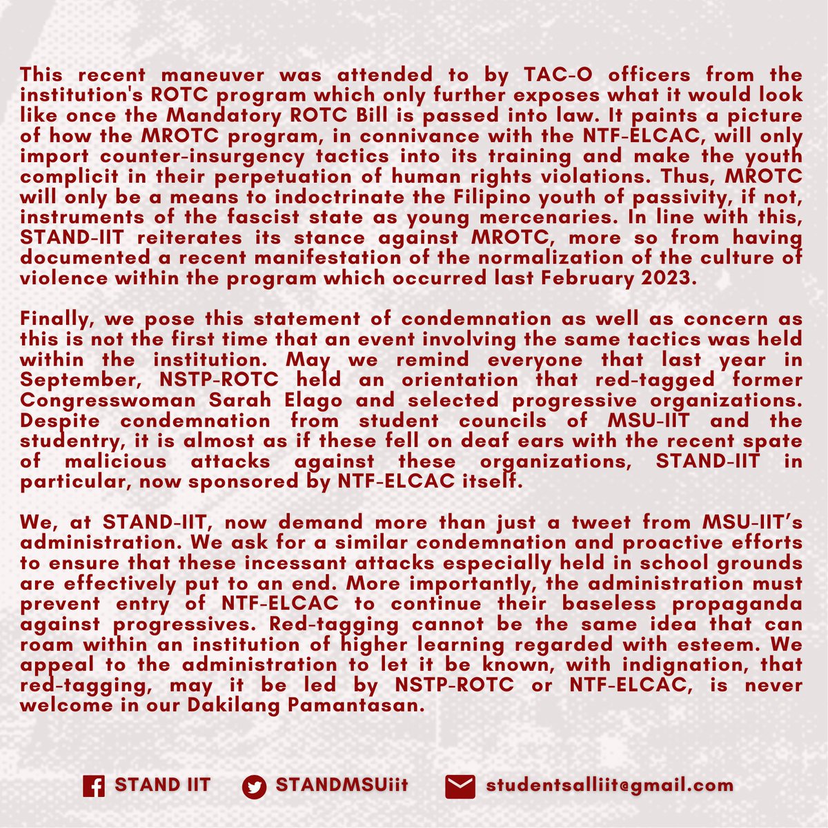 STANDMSUiit's tweet photo. STATEMENT OF CONDEMNTATION REGARDING THE RED-TAGGING SYMPOSIUM OF NTF-ELCAC HELD IN MSU-IIT | STAND-IIT now demands more than a tweet from the administration and proactive measures to ensure that entry by NTF-ELCAC within school grounds is not welcome in our Dakilang Pamantasan. https://t.co/mgcdk8pOcM