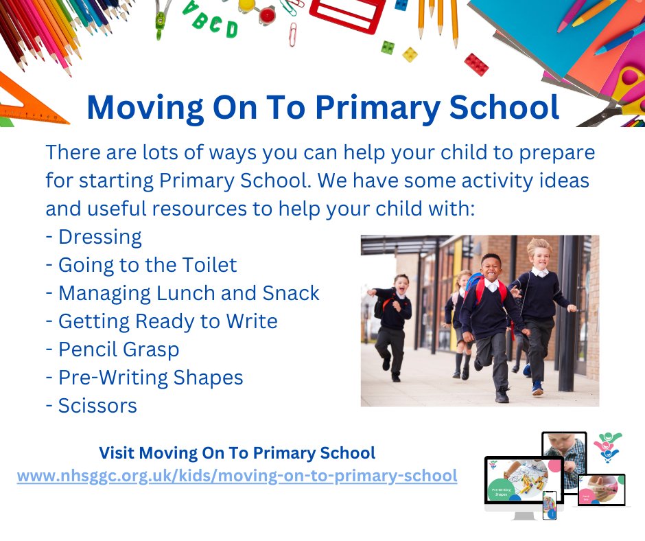 Is your child starting primary school after the summer? There are lots of ways to help your child prepare.  We have some activity ideas and useful resources. Visit our Moving On To Primary School page nhsggc.org.uk/kids/moving-on…

Look out for our #MovingOnToPrimarySchool posts.