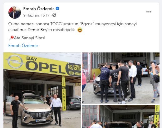 Egzozu olmayan Togg’u egzoz muayenesine götüren AKPli Niğde belediye başkanını tebrik ediyor, hayatta başarılar diliyorum