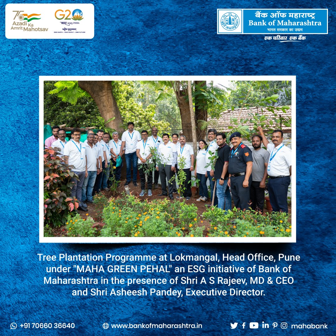 mahabank's tweet photo. #BankofMaharashtra organised #TreePlantationProgramme at Lokmangal, Head Office, Pune under "MAHA GREEN PEHAL", as an #ESGInitiative of the Bank in the presence of Shri A S Rajeev, MD & CEO and Shri Asheesh Pandey, Executive Director of the Bank.
#CorporateResponsibility https://t.co/tEmRPWHz33