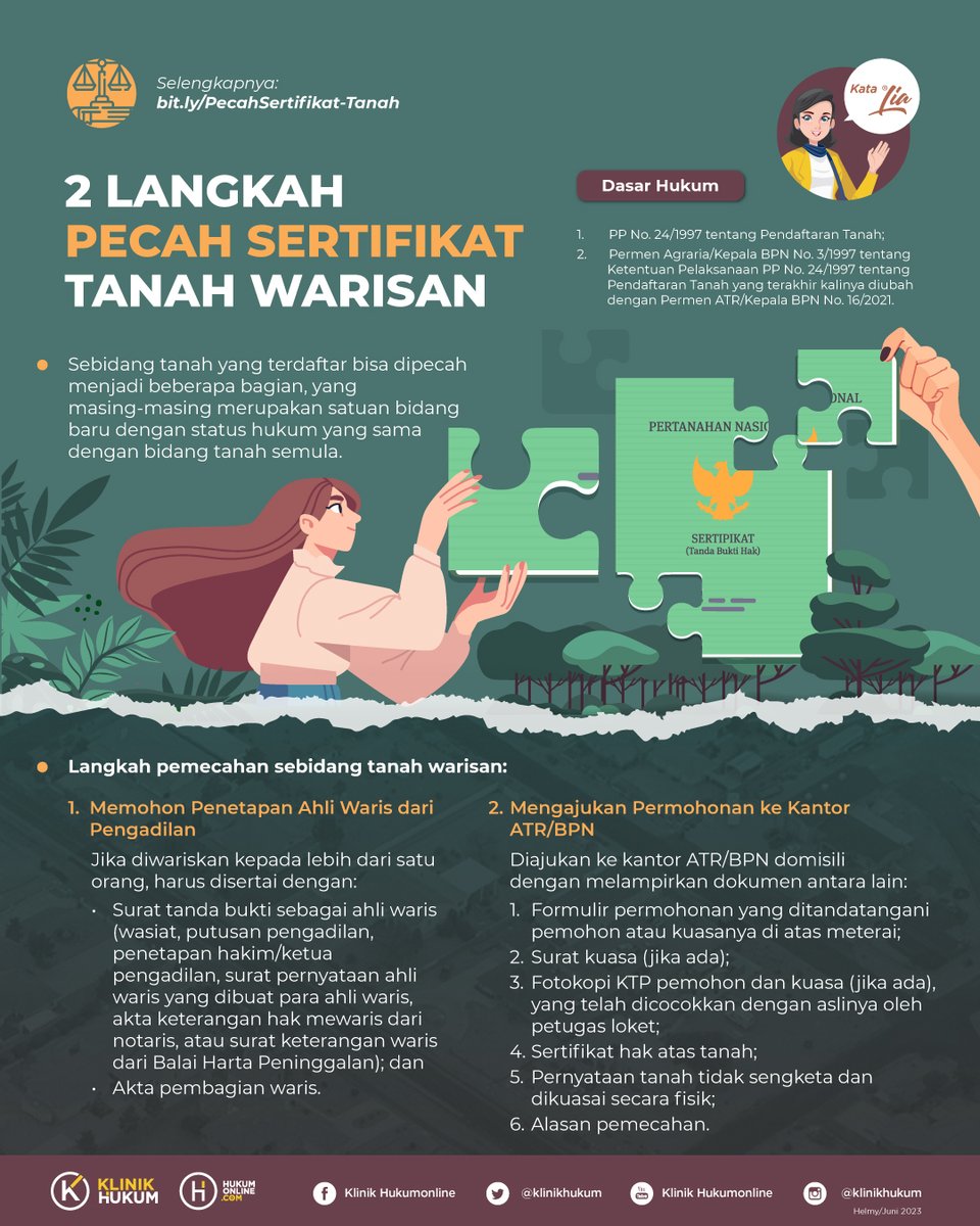 klinikhukum's tweet photo. Hi Follawers, seperti yang kita tahu bahwa para ahli waris dapat melakukan pemecahan atas tanah warisan dari pewaris. Lantas, bagaimana langkah hukum yang dapat ditempuh untuk melakukan pemecahan sertifikat tanah warisan?

Selengkapnya : https://t.co/vwFF8eT5lg

#Hukumonline #KlinikHukum #InfografisHukum #MelekHukum #BiarMakinPaham #sertifikattanah #warisan