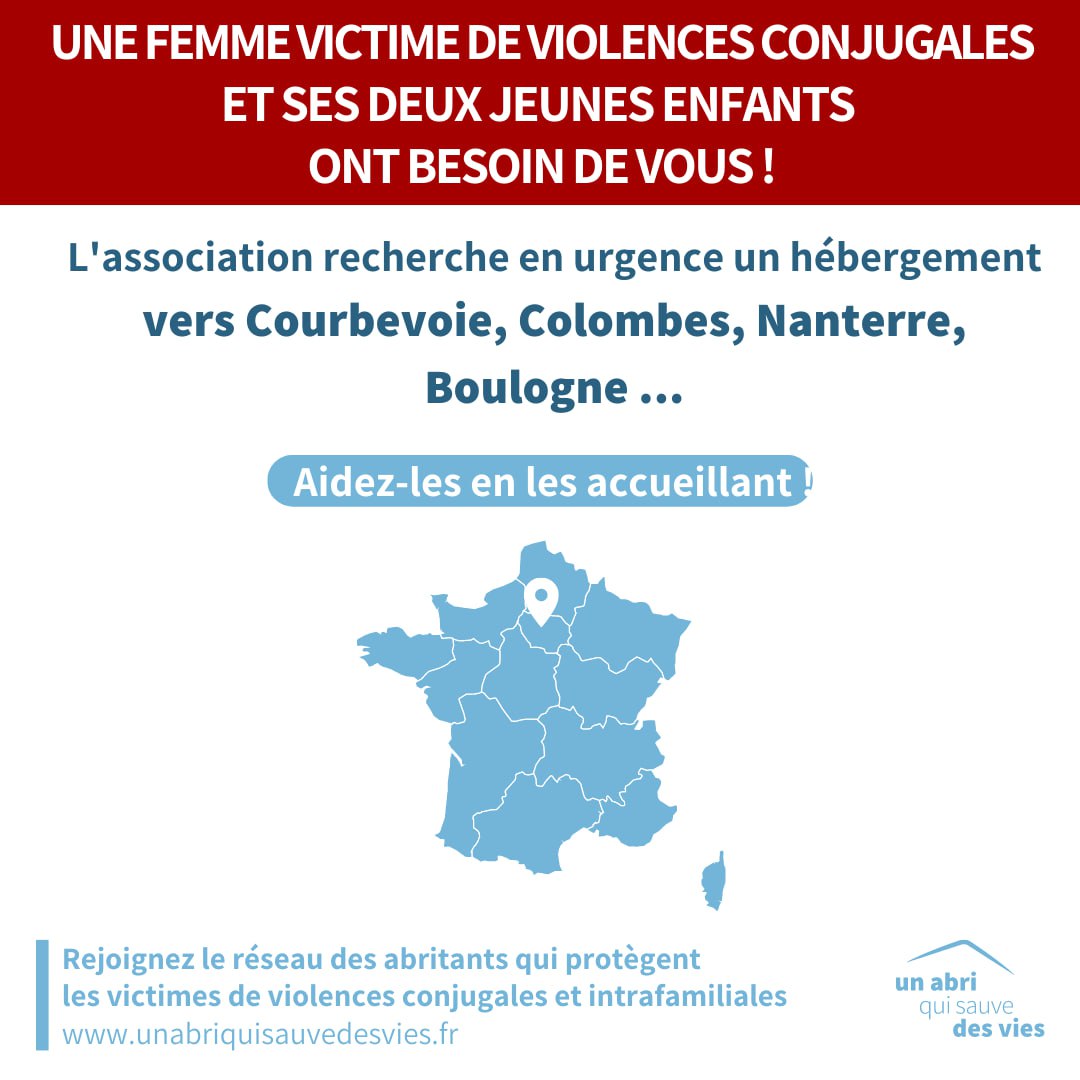 ⚠️ URGENCE VIOLENCES CONJUGALES ⚠️

L'association est à la recherche d'un hébergement le plus vite possible autour de 📍#Courbevoie #Colombes #Nanterre #Boulogne pour une femme victime de #ViolencesConjugales et ses deux jeunes enfants.

1/2