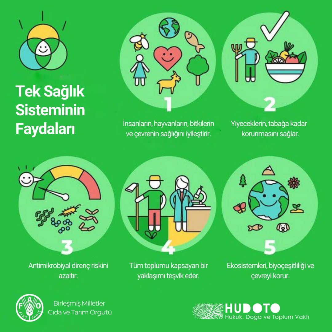 #TekSağlık Sistemi;
🟠İnsanların,hayvanların,bitkilerin ve çevrenin sağlığını iyileştirir
🟡Yiyeceklerin tabağa kadar korunmasını sağlar.
🔵Antimikrobiyal direnç riskini azaltır
🟢Tüm toplumu kapsayan bir yaklaşımı teşvik eder
🟣Ekosistemleri,biyoçeşitliliği ve çevreyi korur.