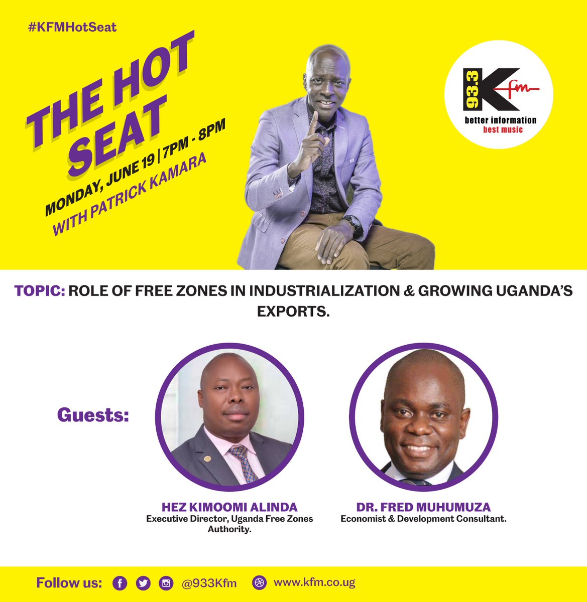 Please do join us today at 7pm - 8pm on @933kfm as our Executive Director, @ED_UFZA and @FredMuhumuza8 discuss the 'Role of Free Zones in Industrialisation and Growing Uganda’s Exports' on #KFMHotSeat #exports