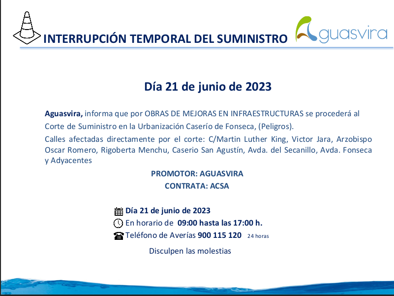 📢AVISO!!! Cortes programados en Urbanización Caserío de Fonseca  #Peligros
📆Miércoles 21 de junio de 09:00h a 17:00 h 
 Obras de mejora de infraestructuras .  
Puede quedar afectada parcialmente, alguna zona adyacente. Disculpen las Molestias.