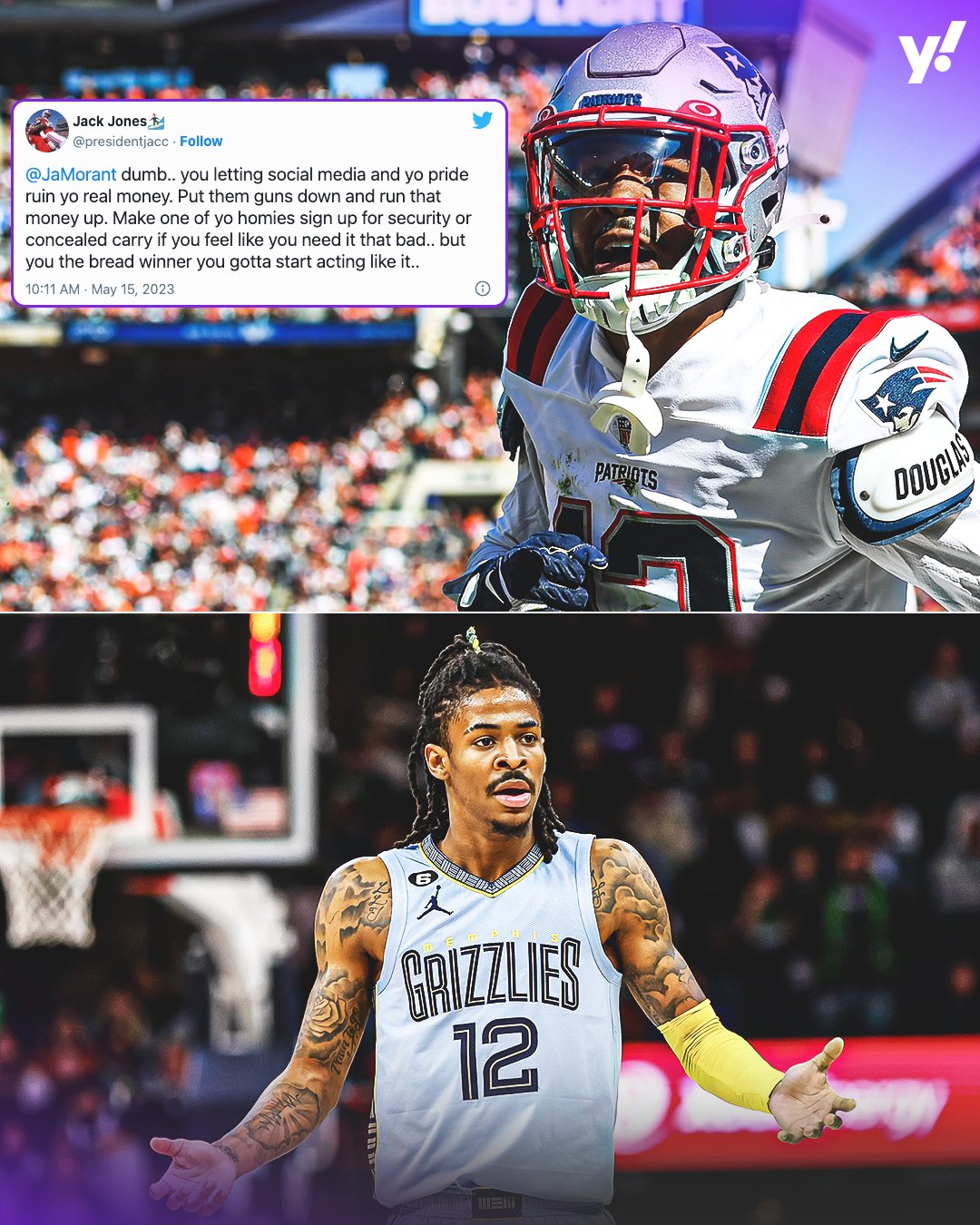 Yahoo Sports on X Nearly one month to the day after Patriots CB Jack Jones popped off about Ja Morant flashing guns on social media he was arrested for having TWO firearms