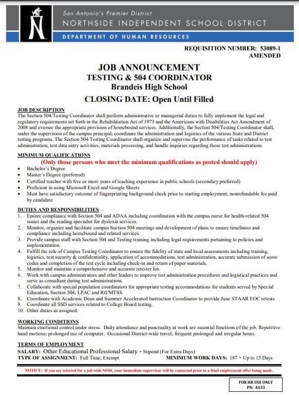 NISD Testing (@nisd_testing) on Twitter photo Brandeis HS seeking Section 504/Testing Coordinator! Opportunity is knocking!! <a href="/NISD/">Northside ISD</a> <a href="/nisdhr/">Northside ISD HR</a> @geriberger08 <a href="/CarinAdermann/">Carin Adermann</a> <a href="/NISDBrandeis/">Brandeis High School</a> Brandeis HS seeking Section 504/Testing Coordinator! Opportunity is knocking!! <a href="/NISD/">Northside ISD</a> <a href="/nisdhr/">Northside ISD HR</a> @geriberger08 <a href="/CarinAdermann/">Carin Adermann</a> <a href="/NISDBrandeis/">Brandeis High School</a>