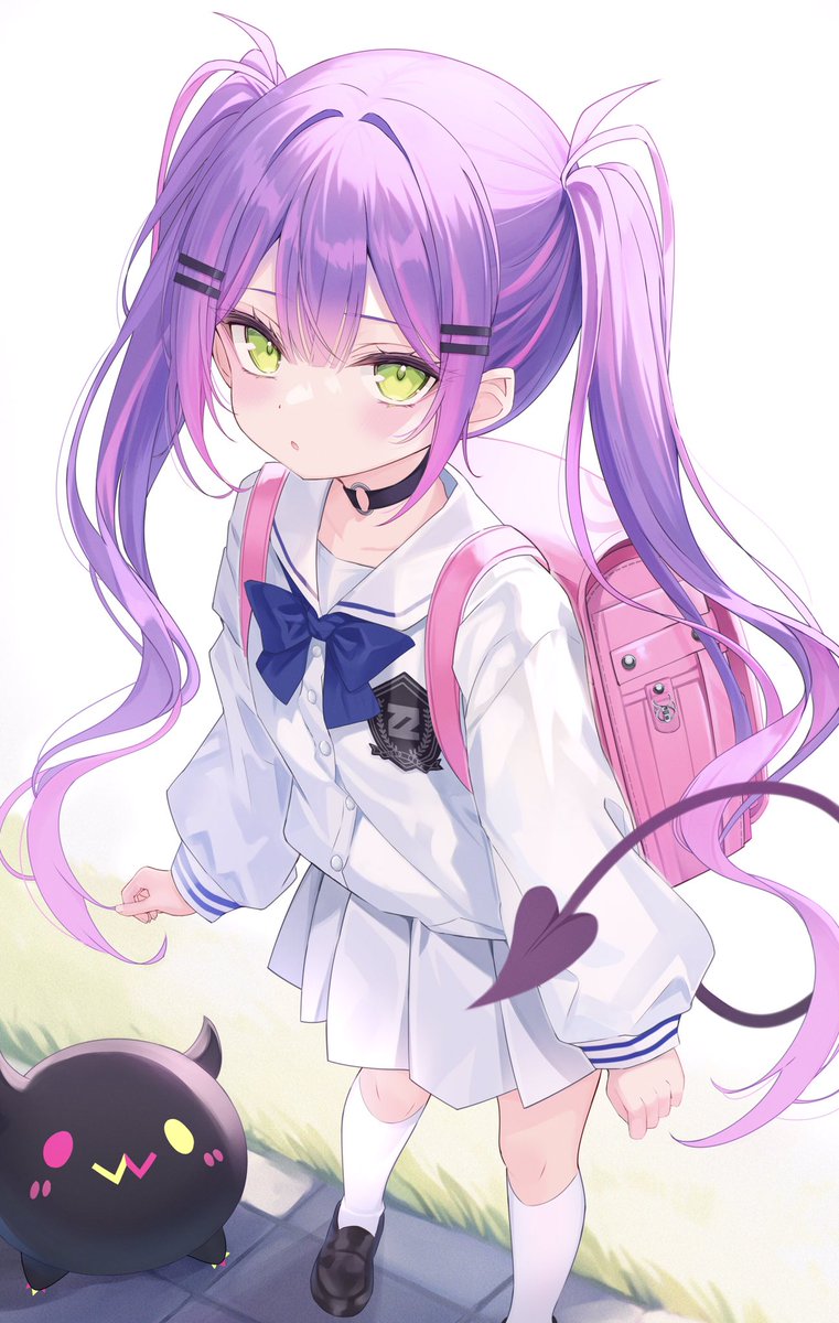 tokoyami towa 1girl twintails green eyes long hair purple hair demon tail aged down  illustration images