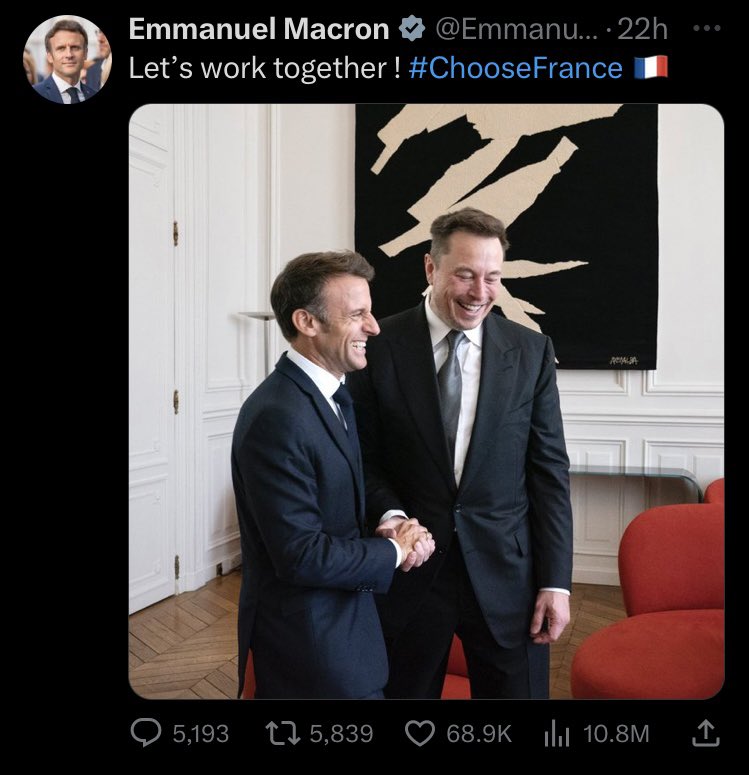 One post is more clear to describe <a href="/elonmusk/">Elon Musk</a> visit in #Europe
#italy #france #GiorgiaMeloni #EmmanuelMacron