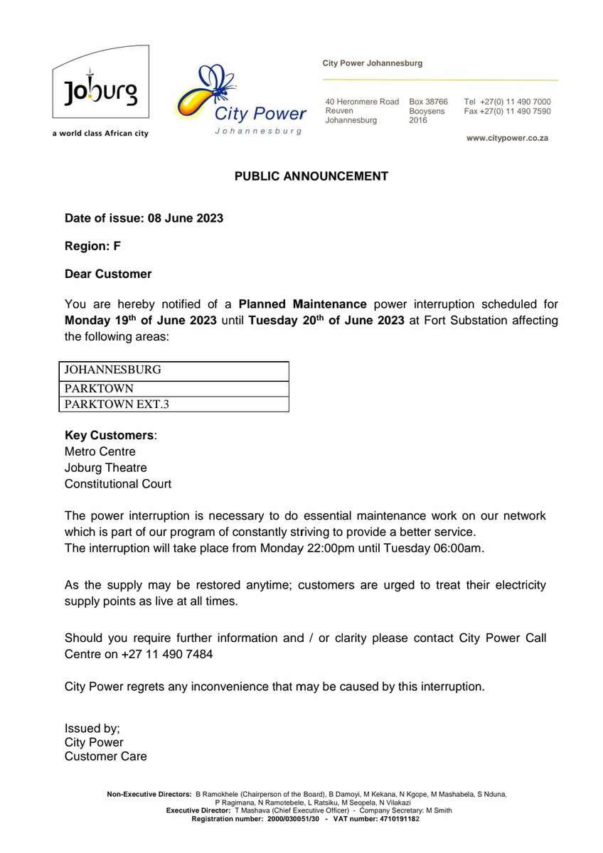 CityPowerJhb's tweet photo. #PlannedOutageโ ๏ธ #RegionF #InnerCity #JoburgUpdates
Please be notified of a planned maintenance power interruption scheduled for Monday the 19th until Tuesday the 20th of June 2023 at #FortSubstation from 22h00 until 06h00. ^NT https://t.co/A3GX35zGog