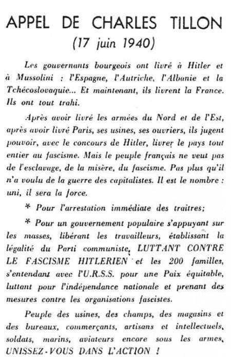 17 juin 40, Charles Tillon lance l'appel à la résistance depuis Gradignan quand le gouvernement de la France acte la collaboration et la livraison du pays aux nazis, comme le souhaitent les '200 familles'. 
je suis intervenu au nom de la fédération de gironde du PCF