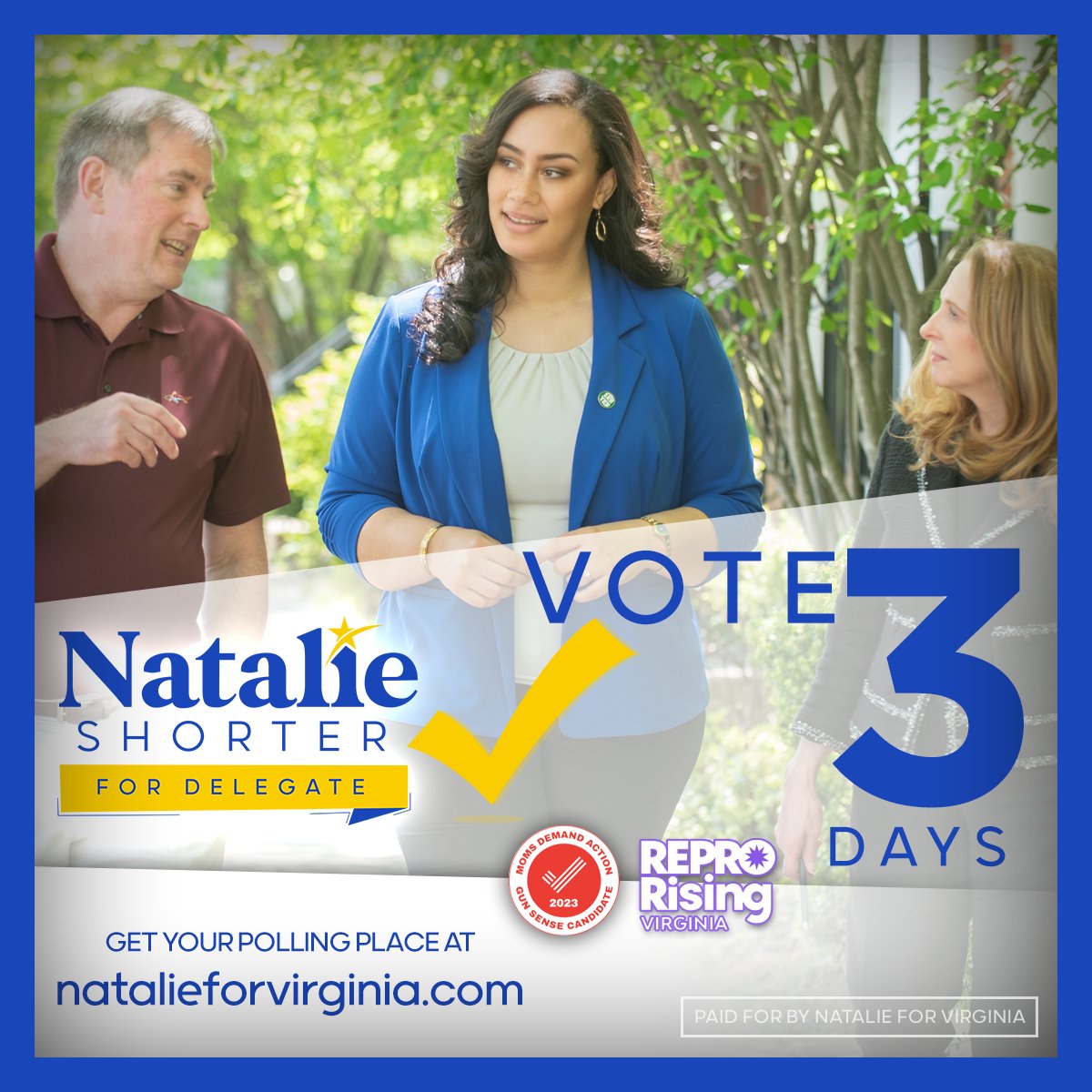 Good morning! We are down to wire with 3 days to go until Election Day!

This primary cycle is crucial to maintaining &amp; building on our progress. Democracy itself is on the ballot, so please, make a plan and VOTE!

Want to pitch in? Email sophie@natalieforvirginia.com for more.