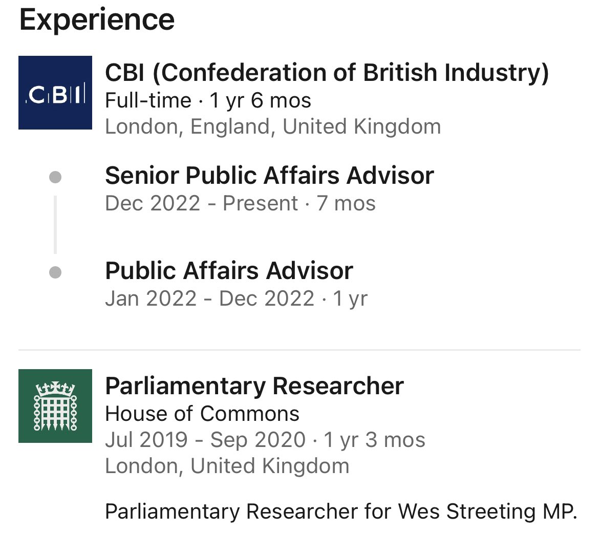 Labour’s candidate in Selby and Ainsty finished their degree in 2019, finished their masters in 2021 and have worked in two places: parliament (for Wes Streeting) and the disgraced CBI. Really?

In terms of blue collar, working class representation Labour is a catastrophe.