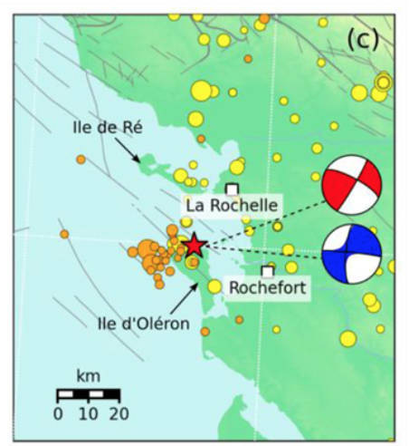 RLacassin's tweet photo. Plus récent, le séisme dit de "La Rochelle" le 28 Avril 2016 (ML 5.1). Carte extraite de Duverger et al. 2021 https://t.co/bSdYJCk54g 
2/n https://t.co/xwgShMdYQi