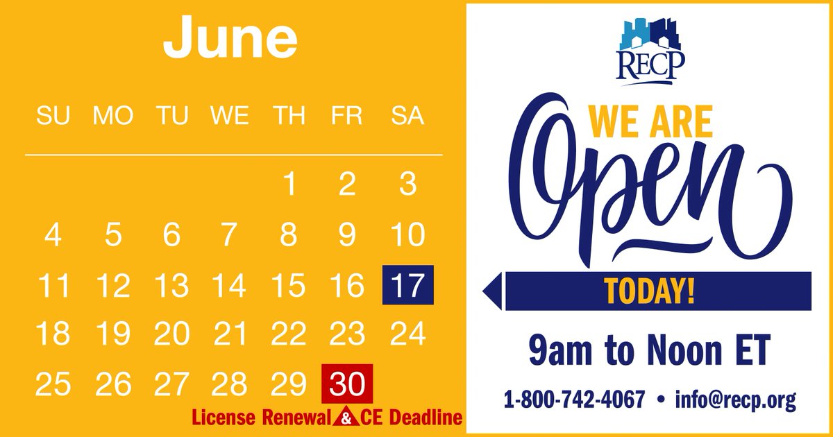 RECPeducation's tweet photo. @RECPeducation is here for you! We are open TODAY to help with any questions regarding the upcoming CE deadline and license renewal. 

Call us at 1-800-742-4067 https://t.co/t4QikbDO8f