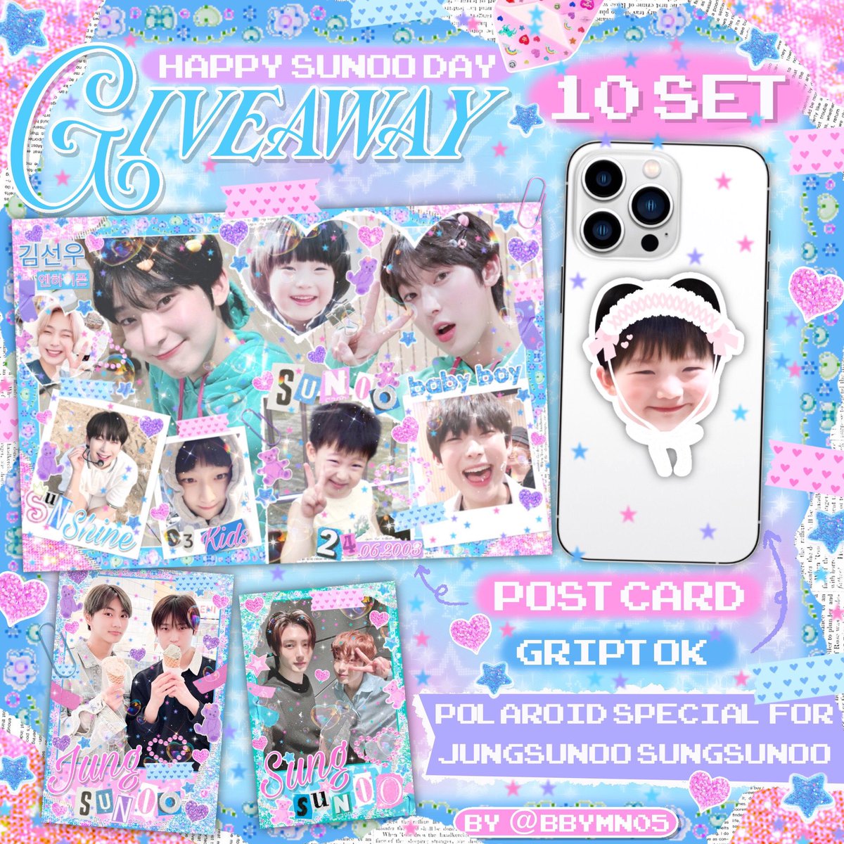 ☆ pls kindly rt ☆ 🎂🦊

 ੈ✩‧₊˚ giveaway #happysunooday 

                𓈒  ̷ ♡ 10 set 𓈒  ̷ ♡

♡ griptok 1 ea
♡ postcard 1 ea
♡ polaroid special for jungsunoo sungsunoo 1ea/1person

📂 gg form : 24 june / time: 21:00
shipping: 40 ฿ 

#sunoo #선우