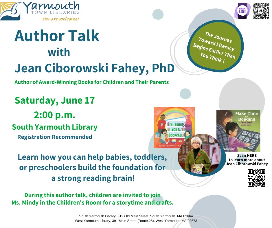 Join us today for a talk with award-winning local author Jean Ciborowski Fahey, PHD on helping children build a foundation for a strong reading brain! Children are invited to join Ms. Mindy in the Children's Room for storytime and crafts during the talk!
