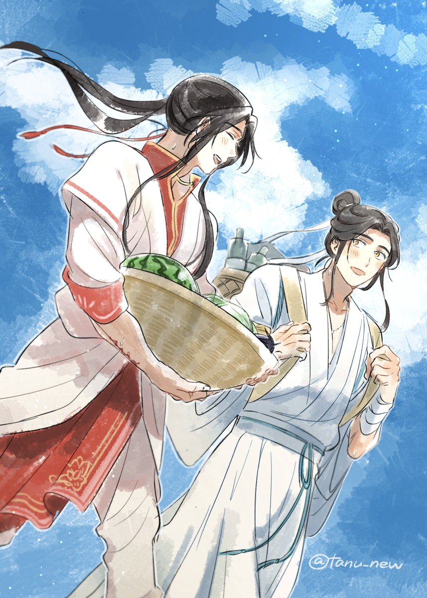 2boys multiple boys black hair sky chinese clothes fruit male focus  illustration images