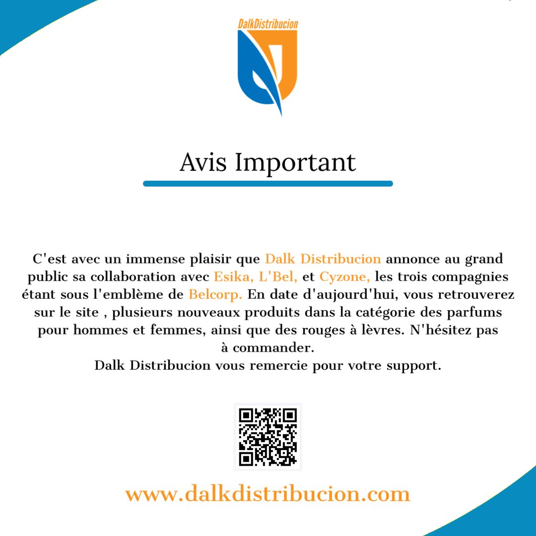 d_distribucion's tweet photo. C'est avec un immense plaisir que Dalk Distribucion annonce au grand public sa collaboration avec @EsikaBelcorp , @LBelOnline et @Cyzone_Oficial , les trois compagnies étant sous l'emblème de @BelcorpCorp .

Dalk Distribucion vous remercie pour votre support. https://t.co/q864ePX2lB