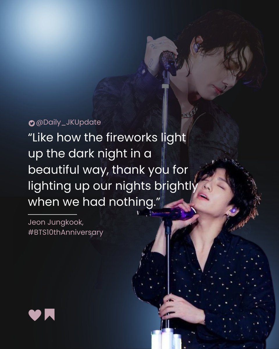 Daily_JKUpdate's tweet photo. “Like how the fireworks light up the dark night in a beautiful way, thank you for lighting up our nights brightly when we had nothing.”
— Jungkook #BTS10thAnniversary https://t.co/qNTHT45jVM
