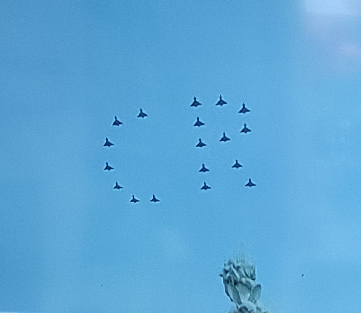 AbigailFowler42's tweet photo. Impressive display by #Typhoons today as part of the birthday parade. 
Happy birthday to all those it flew over. Bonus if your initials are CR. 
Farewell #Hercules.
#TroopingtheColour @BBCOne https://t.co/dpFTF3Drho