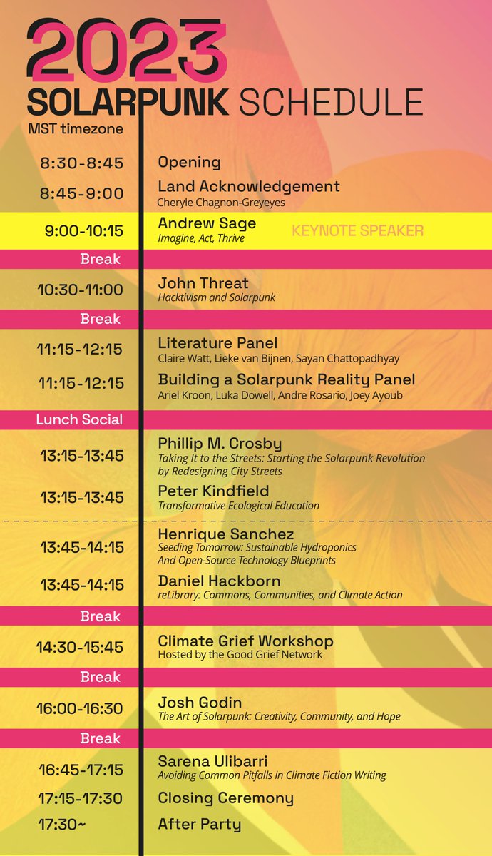 SolarpunkCon's tweet photo. π Here's the full speaker & panel schedule for the #SolarpunkConference! Join us in creating a sustainable future. Let's discuss activisism, literature, art, urban design, and more. Don't miss out! π±β¨ #Solarpunk #SolarpunkCon https://t.co/HUEu0DDGRx