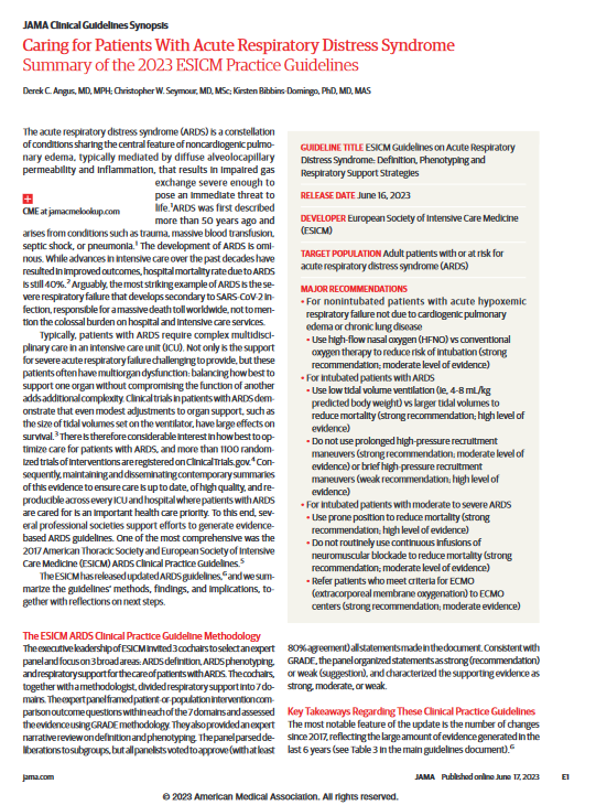 Just published: Synopsis of 2023 updated #ARDS guidelines from @ESICM, including the guidelines’ methods, findings, and implications, along with reflections on next steps, by Derek C. Angus, MD, MPH; Christopher W. Seymour, MD, MSc; and @KBibbinsDomingo. ja.ma/3JfcIY8