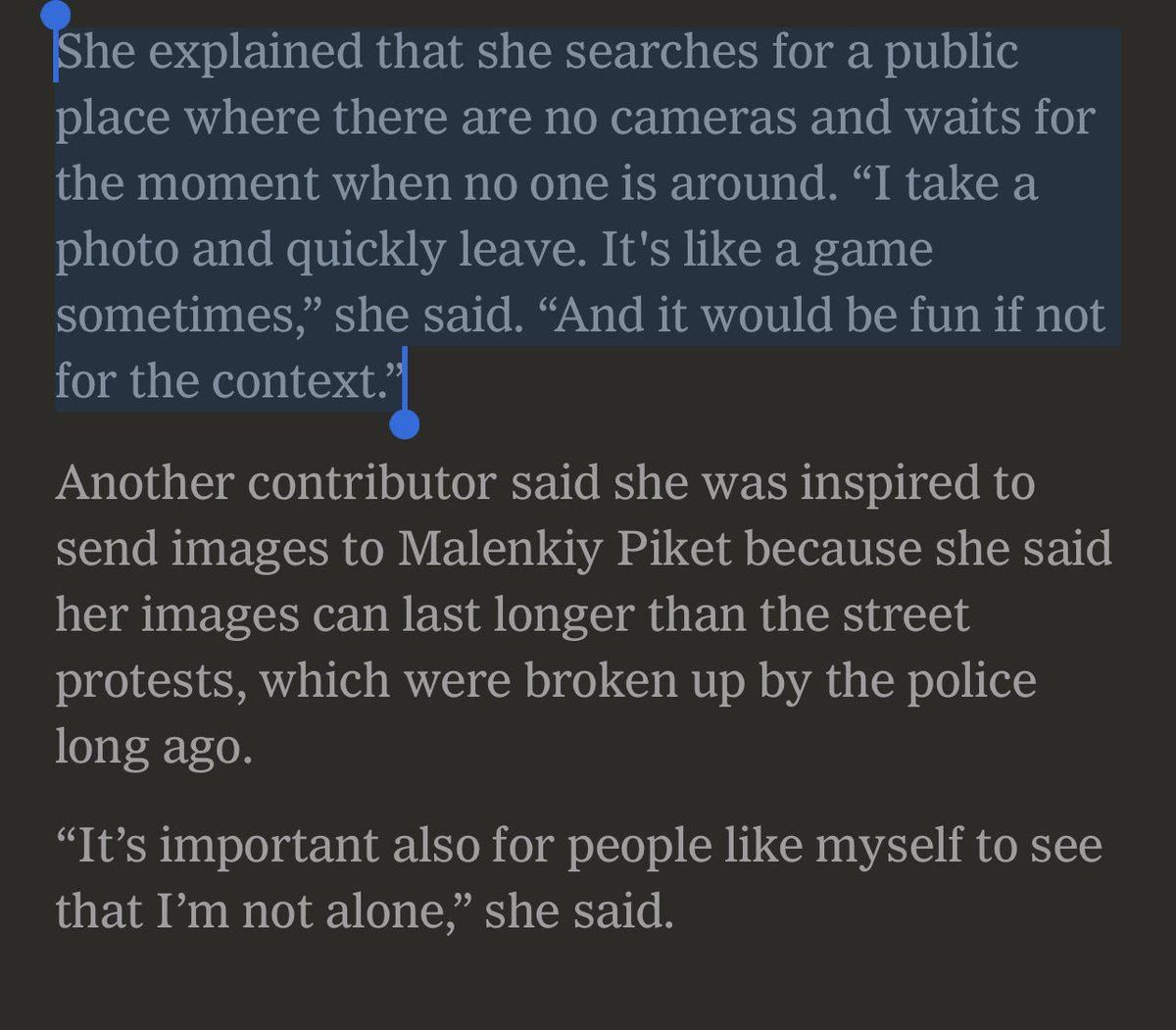 okomaniuk's tweet photo. So the @nytimes just made an article about how Russians are “bravely protesting” by doing abso-freaking-nothing. The Russian woman mentioned that the thrill of is “like a game for her”.  Wow, war is so fun 😍 https://t.co/YRJF2bcxsk