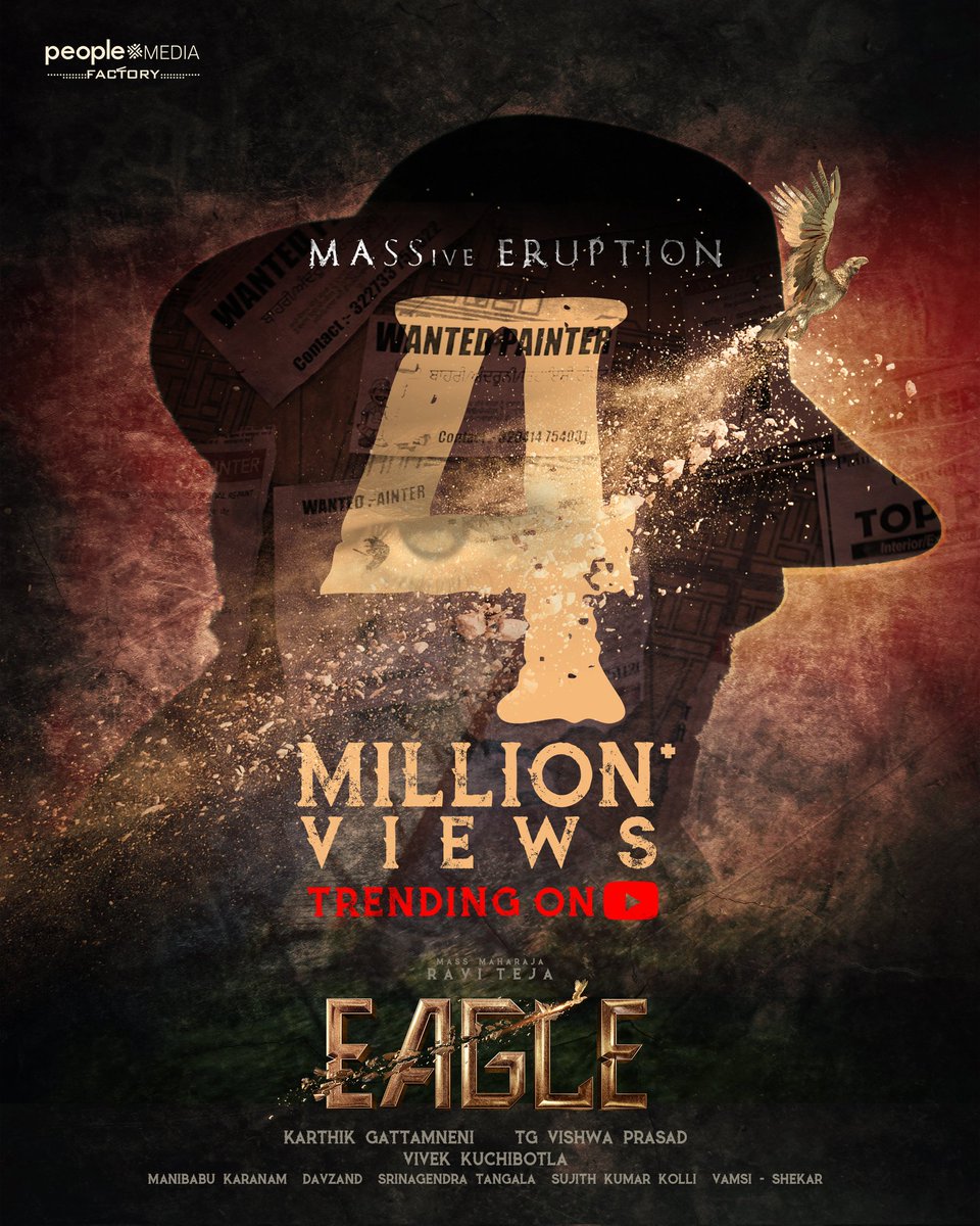 People Media Factory (@peoplemediafcy) on Twitter photo The thundering #EAGLE is raging with electrifying force 🔥
4️⃣M+ views for #EagleMASSiveERUPTION & Trending 🥁
ICYMI,
bit.ly/EagleMASSiveER…
<a href="/RaviTeja_offl/">Ravi Teja</a> <a href="/Karthik_gatta/">Karthik Gattamneni</a> <a href="/anupamahere/">Anupama Parameswaran</a> <a href="/vishwaprasadtg/">Vishwa Prasad</a> <a href="/vivekkuchibotla/">Vivek Kuchibhotla</a> <a href="/KavyaThapar/">Kavya Thapar</a> <a href="/pnavdeep26/">Navdeep</a> <a href="/davzandrockz/">DavZanD</a> <a href="/manibkaranam/">Manibabu Karanam</a> The thundering #EAGLE is raging with electrifying force 🔥
4️⃣M+ views for #EagleMASSiveERUPTION & Trending 🥁
ICYMI,
bit.ly/EagleMASSiveER…
<a href="/RaviTeja_offl/">Ravi Teja</a> <a href="/Karthik_gatta/">Karthik Gattamneni</a> <a href="/anupamahere/">Anupama Parameswaran</a> <a href="/vishwaprasadtg/">Vishwa Prasad</a> <a href="/vivekkuchibotla/">Vivek Kuchibhotla</a> <a href="/KavyaThapar/">Kavya Thapar</a> <a href="/pnavdeep26/">Navdeep</a> <a href="/davzandrockz/">DavZanD</a> <a href="/manibkaranam/">Manibabu Karanam</a>