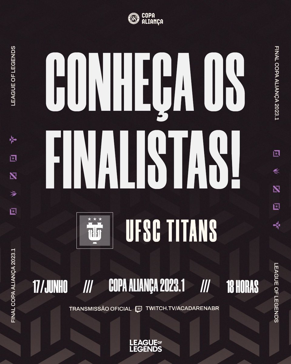 copaaliancagg's tweet photo. Você acha que a @ufsctitans é time? 😜
A seleção de #LegendsOfLegends da UFSC vai jogar HOJE a decisão da #CopaAliança 2023.1! Será que vem mais um título aí? 🏆
Assista, a partir de 15 horas, na Twitch da #AcadArena 🎥 https://t.co/hPO61rd7Yg