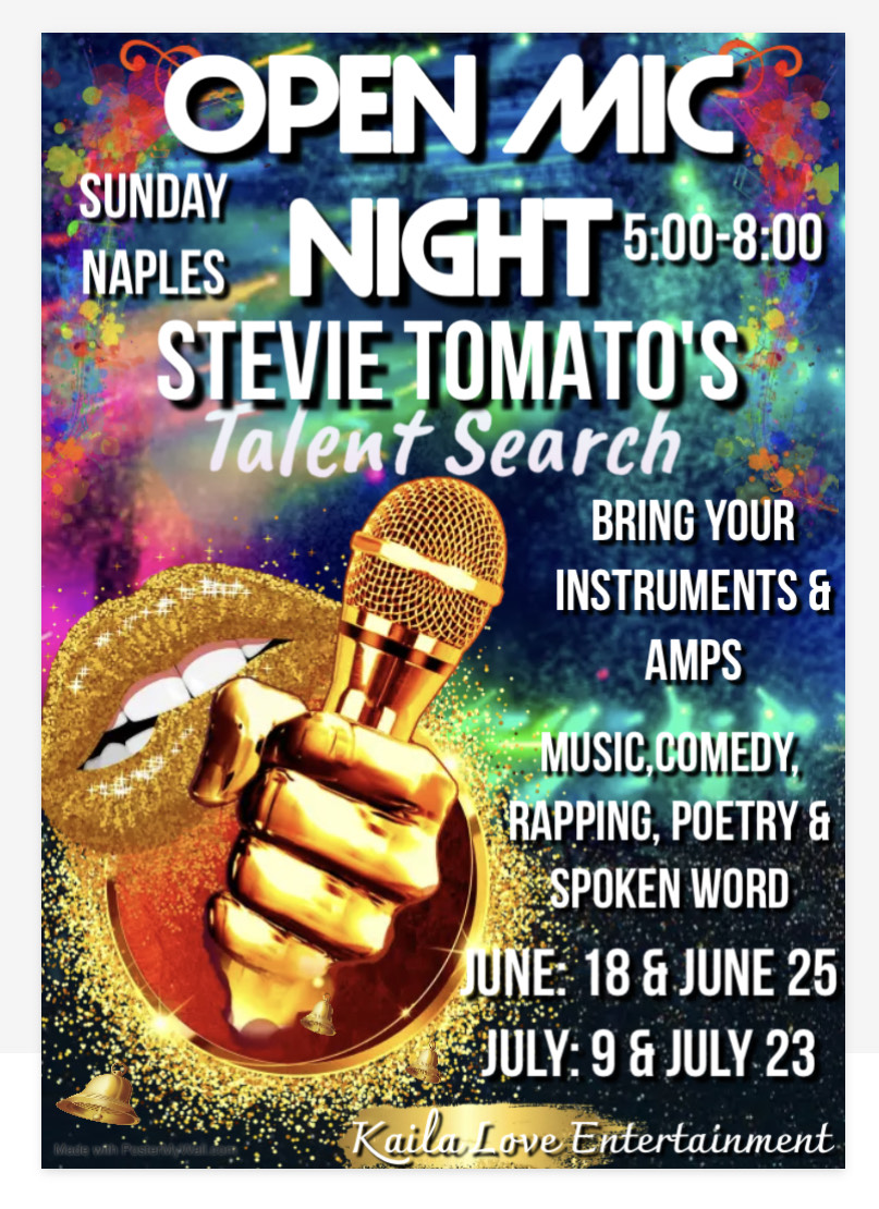 Open Mic Night Starting this Sunday at Our Naples Florida Location. 5-8pm. StevieTomato.com #stevietomatos #naplesfl #naplesflorida #openmicnight #bestsportbar