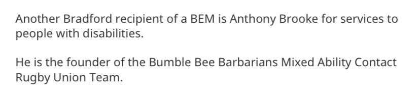 Fabulous news about Anthony Brooke getting the BEM for services to people with disabilities 

Anthony founded @BumblesRugby with support from the local rugby community and has actively encouraged many people to take part in grassroots sports through his work with @IMAS_sport4all