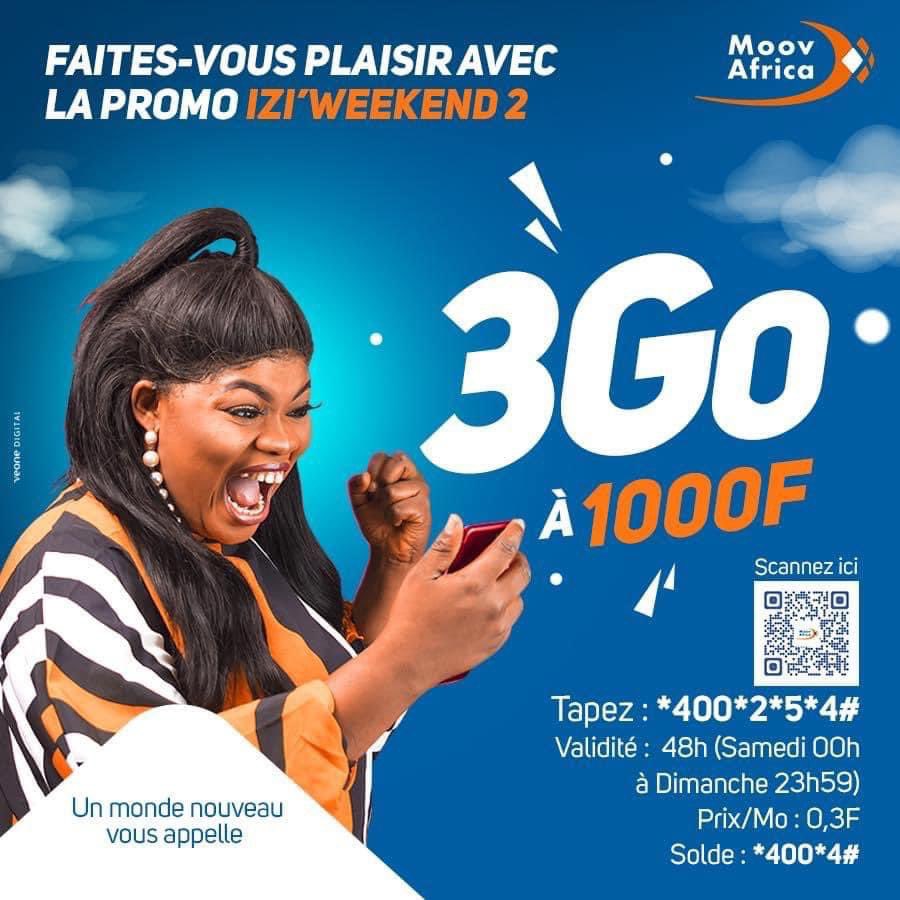Recevez 3Go à 1000F pour passer un week-end mémorable avec la Promo #iZiWeekend2 ! 🥳

Faites *400*2*5# option 4 et profitez jusqu’au Dimanche 23h59. 

Solde: *400*4# 

#Promo #Data #IciCestIZi <a href="/moovafricatg/">Moov Africa Togo</a> #tgtwittos