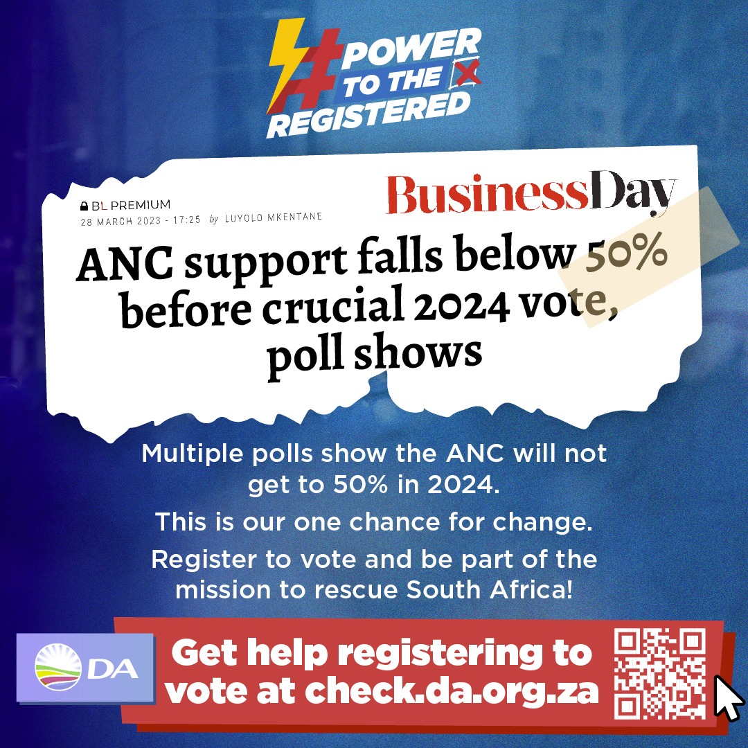📉🚨 | Multiple polls have found that the ANC’s electoral support will fall below 50% in the 2024 general election. High unemployment, corruption, and failed service delivery plague our country.

✅Get help registering to vote now at check.da.org.za
#PowerToTheRegistered