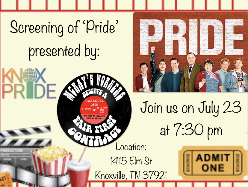 Join us and @KnoxPride at the CWA Hall (1415 Elm St) on July 23. We are screening PRIDE at 7:30!