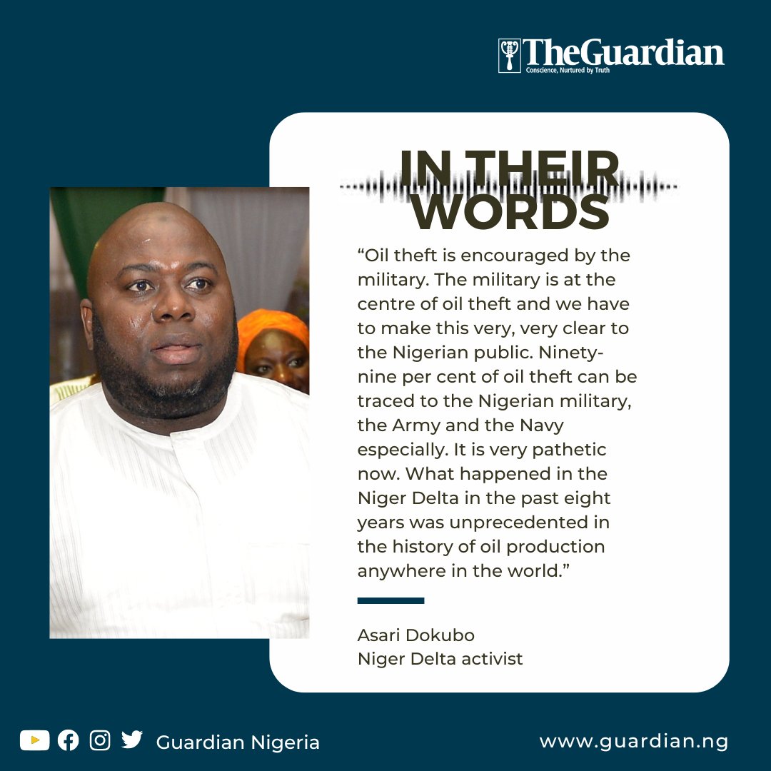 Asari Dokubo has called out the military and accused the Nigerian Army and the Nigerian Navy of oil theft in the Niger Delta.

What do you think? 🤔

#AsariDokubo #NigerDelta #OilTheft #SecurityMatters #InTheirWords #InTheirOwnWords #Quote  #Nigeria