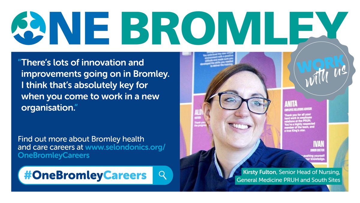 Find a rewarding career in #nursing.  See what Kirsty says about her role at the #PRUH in #Bromley.   Innovation &amp; collaboration in Bromley - and you could be part of it.  👉Visit selondonics.org/OneBromleyCare….  
#OneBromleyCareers <a href="/JobsatKings/">Jobs at King's</a>  <a href="/KingsCollegeNHS/">King's College NHS</a> <a href="/NursingTimes/">Nursing Times</a> <a href="/nmcnews/">Nursing and Midwifery Council</a>