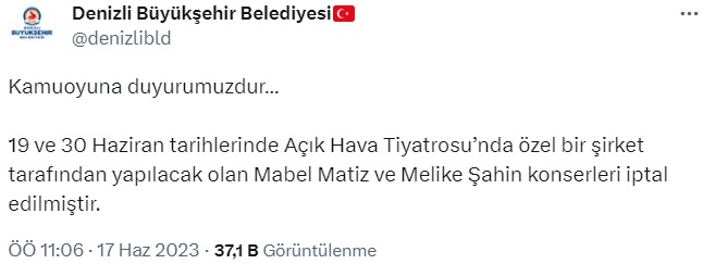 SON DAKİKA | Ödül töreninde LGBT propagandası yapan şarkıcı Mabel Matiz ve Melike Şahin'in konserleri Denizli Büyükşehir Belediyesi tarafından iptal edildi.