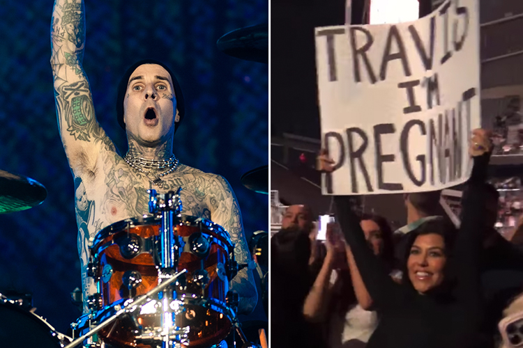 rocksound's tweet photo. Blink-182's Travis Barker got a surprise pregnancy announcement from wife Kourtney Kardashian during the band's show in LA last night

Watch footage of the sweet moment right here: https://t.co/cYu5dF3JQD https://t.co/GEzAghBJDf