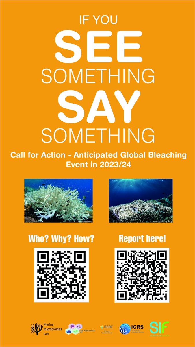 +++ Call for Action +++  

We call everyone with access to 🪸reefs to observe, tag and report (non-)bleached corals of their local reefs during the anticipated event via globalcoralbleaching.com

Please RT!! 
#seesomethingsaysomething

@peixotors @reefgenomics @ICRSCoralReefs