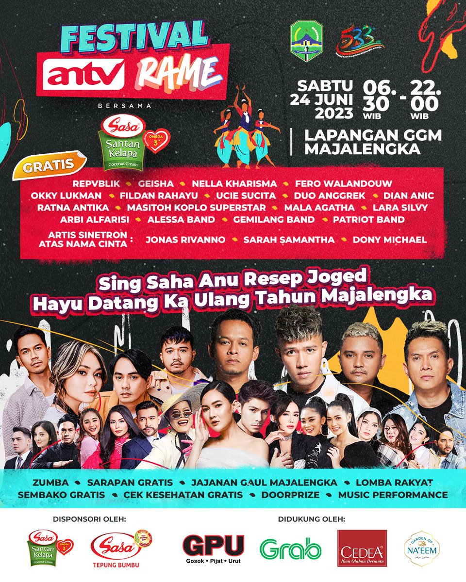 ANTVOfficial_'s tweet photo. Kumaha Damang Majalengka? 🥳 Sing saha anu resep joged hayu datang!

Festival ANTV Rame Bersama Sasa Santan Omega 3 siap dateng ke Majalengka nih. Sederet artis ternama siap bikin kamu terhibur. Ada @repvblik_ind @geishaindonesia @/nellakharisma @/fero_walandouw @/okidatanglagi para cast Sinetron Keren Atas Nama Cinta @/jonas.rivanno @/saraminti @/donnymichael dan artis pendukung lainnya. Nggak cuma itu banyak hadiah bisa dibawa pulang!

Siap-siap buat dateng rame-rame ya, hari Sabtu, 24 Juni dari jam 06.30-22.00 WIB di Lapangan GGM Majalengka. Dijamin rame teu aya tandinganna~

Acara ini disponsori oleh Sasa Santan Omega 3 dan Sasa Tepung Bumbu VIRAL Bervitamin & Bermineral @/sasamelezatkan, serta didukung juga oleh @sobatgpu , @/grabid , @/cedeaseafood & @/gardenofnaeem

#FestivalANTVRameMajalengka
#SasaSantanOmega3
#SasaTepungBumbuBervitaminDanBermineral