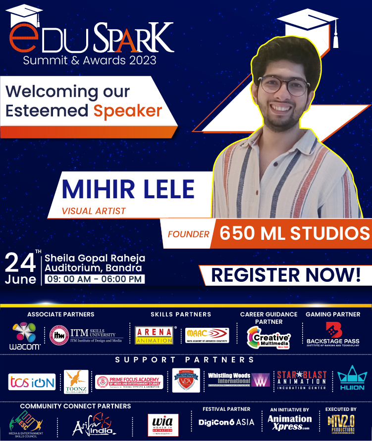 AnimationXpress's tweet photo. Join our esteemed speaker Mihir Lele, Visual Artist, Founder of 650 ML Studios at EduSpark Summit &amp; Awards 2023.  
Link: https://t.co/tEjhum2qb7 #Eduspark2023 #EdusparkSummit #EdusparkAwards #Awards2023 #Edutech #Edusummit #EducationSummit #education https://t.co/mDUOHUxEhQ