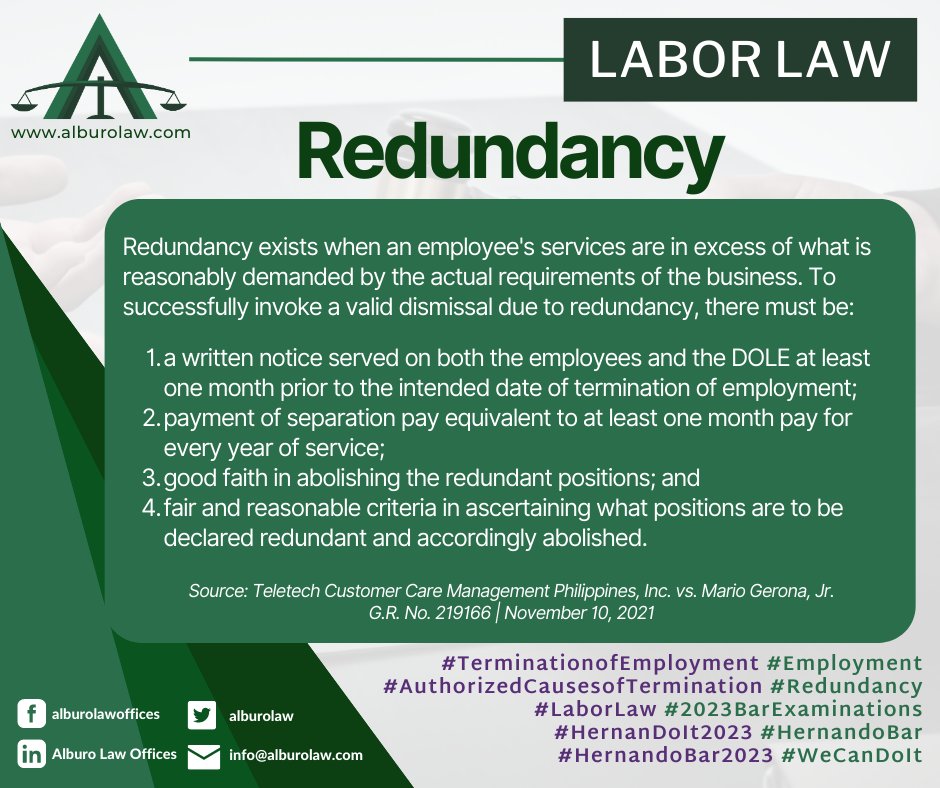 ⚖️ LABOR LAW | Redundancy

What is redundancy under the Labor Code? 🤔

Follow Alburo Law for the next update!

#TerminationofEmployment #Employment
#AuthorizedCausesofTermination #Redundancy
#LaborLaw #2023BarExaminations
#HernanDoIt2023 #HernandoBar
#HernandoBar2023 #WeCanDoIt