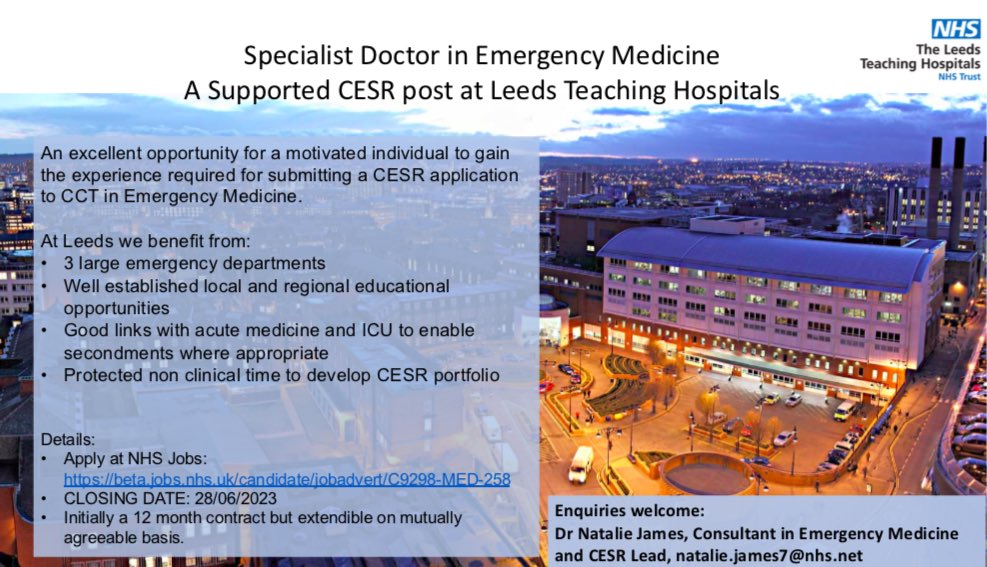 SJManou's tweet photo. #Exciting #opportunity @MyiED @LeedsHospitals for #CESR fellows in #EM. A fully structured #clinical program with #protected #admin time to follow your passions #QI. All with ability to #selfroster to a #flexible #rota.
@nhsjobs https://t.co/zRdDGkNcz2
