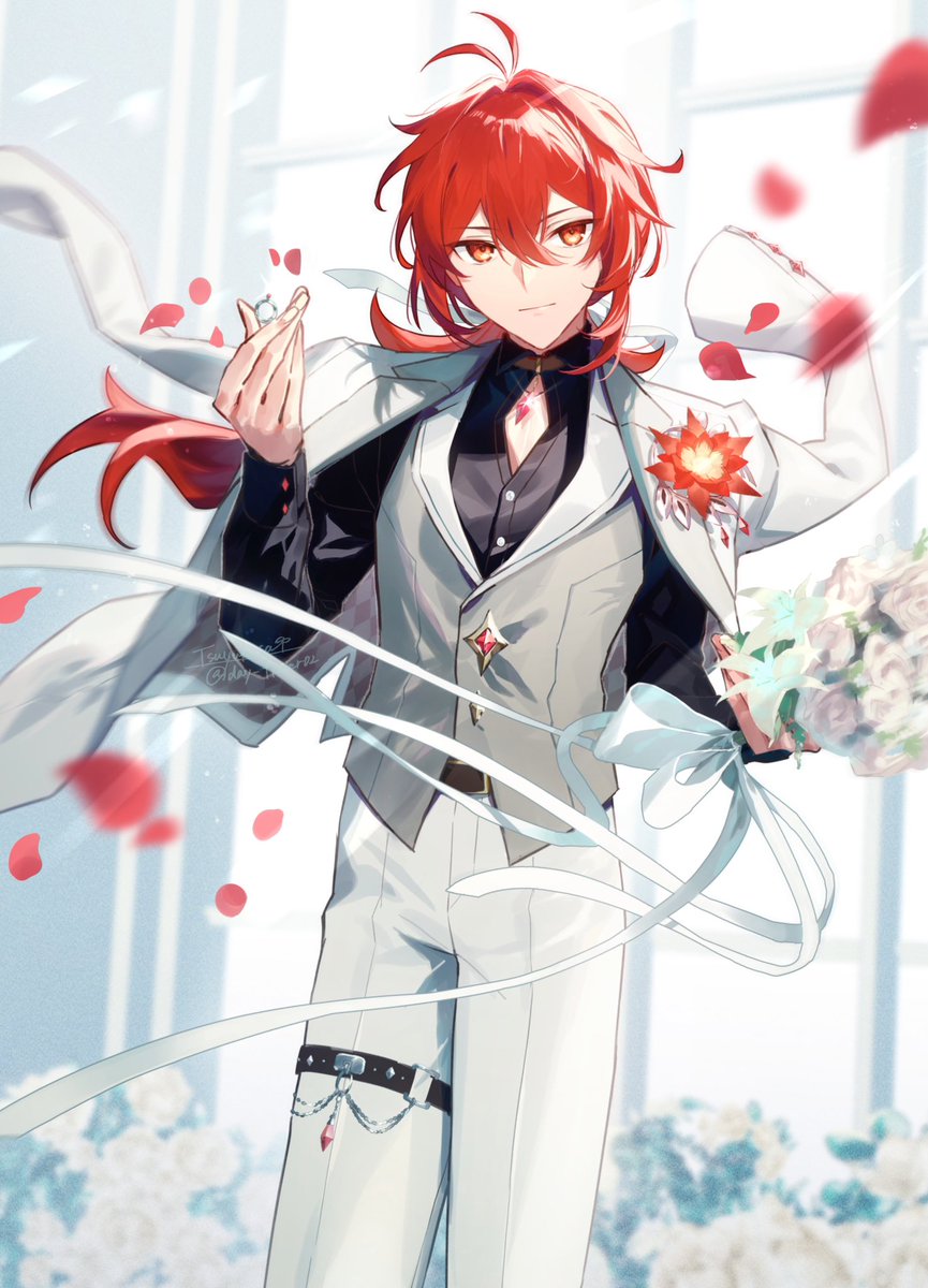 diluc (genshin impact) male focus 1boy red hair red eyes solo flower pants  illustration images