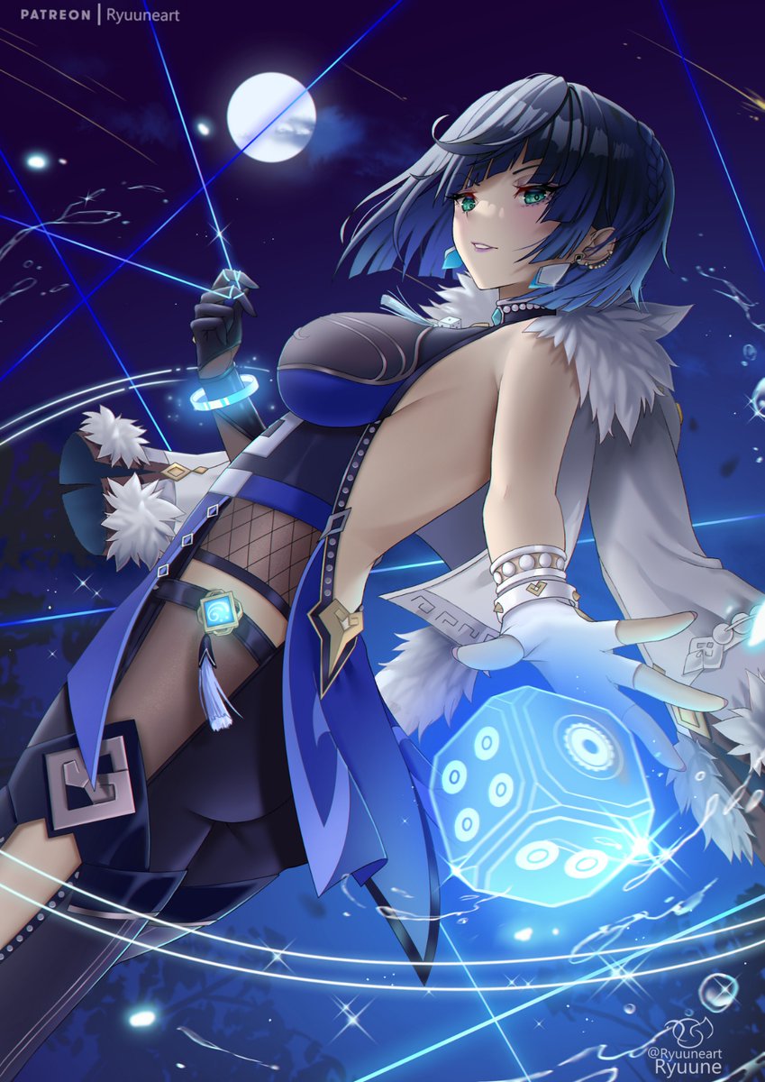 Ryuuneart's tweet photo. This, I really like how Yelan turned out and I'm still in love with the blue colors here 💙🎲 https://t.co/OtxyJhKK7z