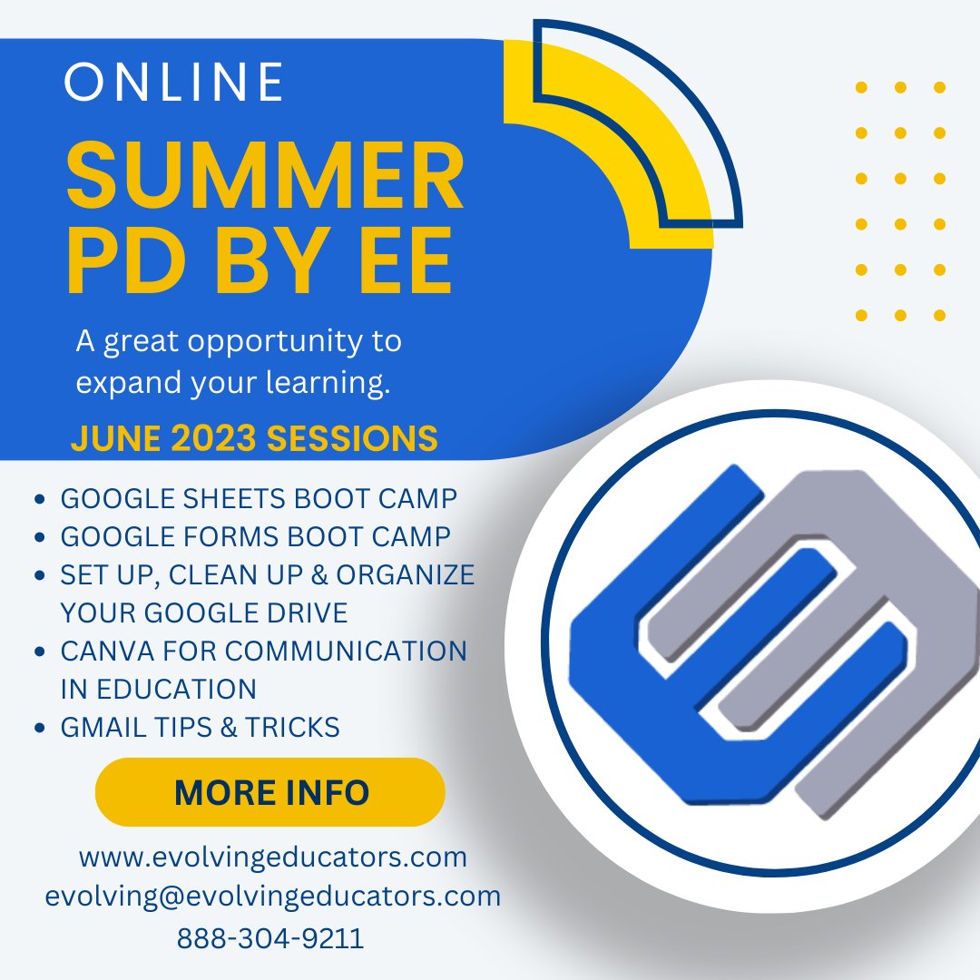SUMMER PD BY EE FOR 2023

Take a look at our summer pd opportunities for June 2023

evolvingeducators.com/summer-20222-w…

#satchat #learning #professionaldevelopment #educational #google #k12 #principal #teacher #canva #sunchat